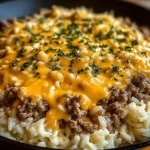 Garlic Butter Beef and Rice Skillet with Cheddar Parmesan Sauce