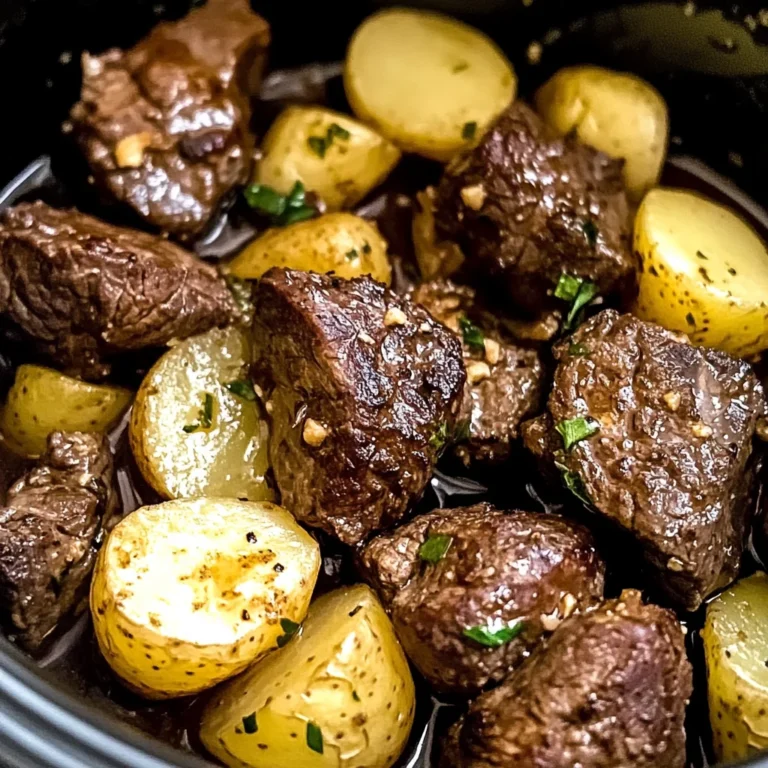 crockpot garlic butter beef bites with potatoes